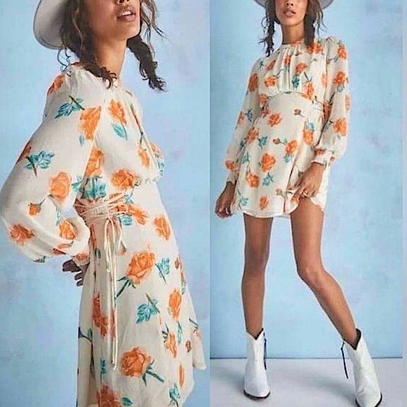 Free People Samantha Lace Up Mini Dress Light Combo XS Floral Chiffon Lace Up - Picture 2 of 16